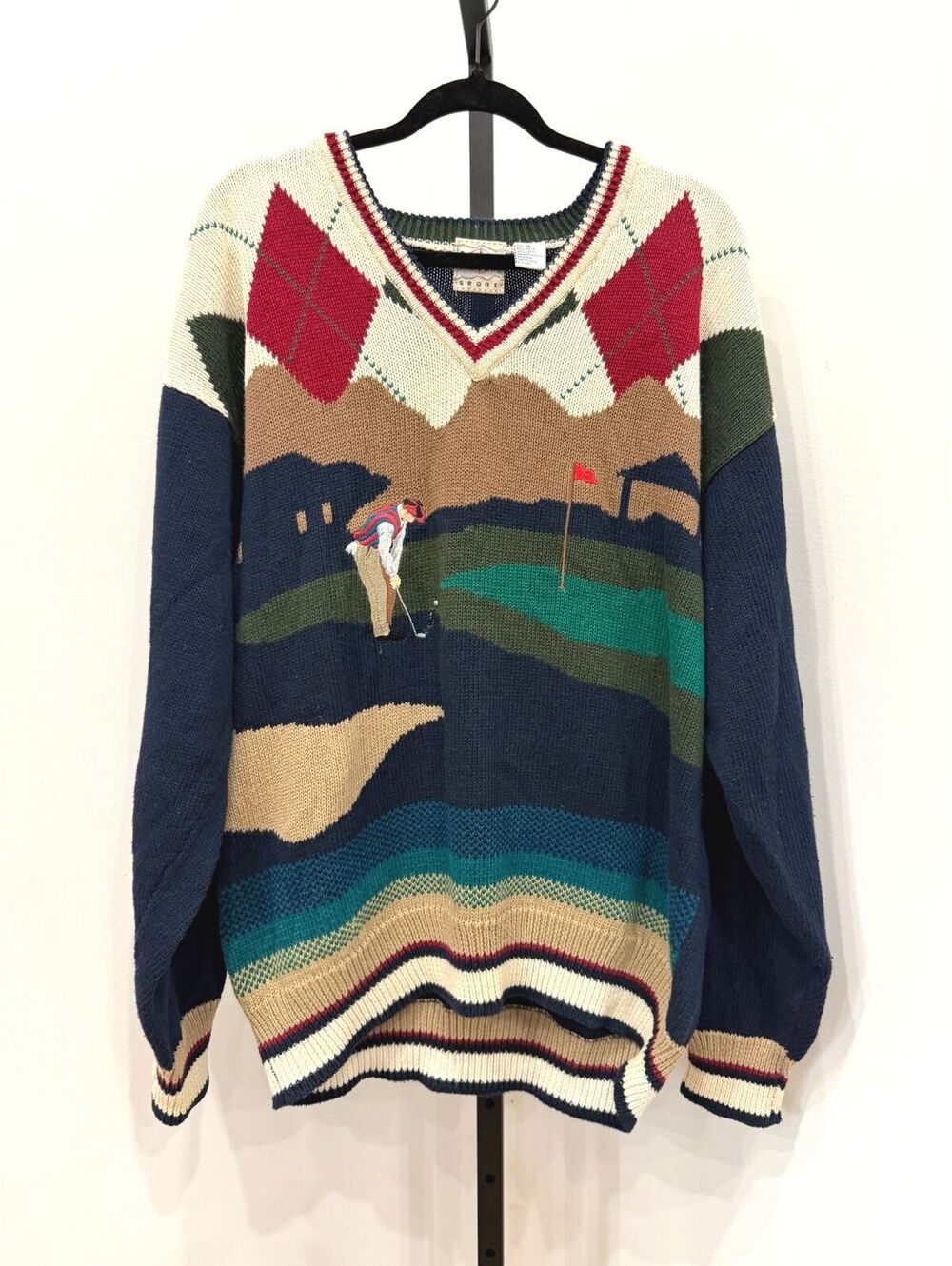 Cotton Traders Sport Golf Scene V-Neck Sweater XL 90s Vintage